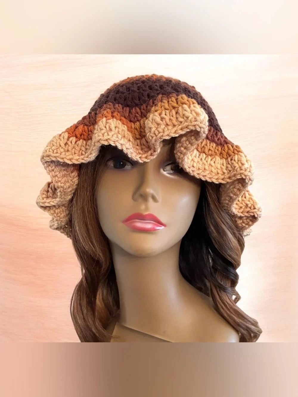 Handmade Crochet Ruffled Bucket Hat - Brown Multi - Picture 1 of 4